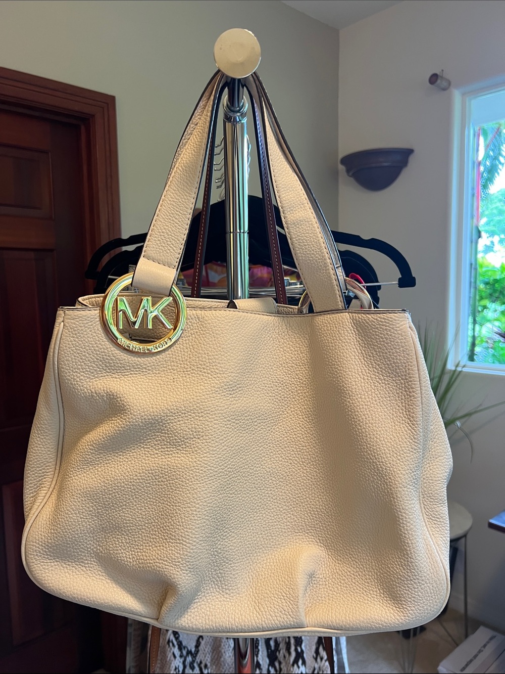 Michael Kors Cream Pebbled Leather Shoulder Tote with Gold MK Charm